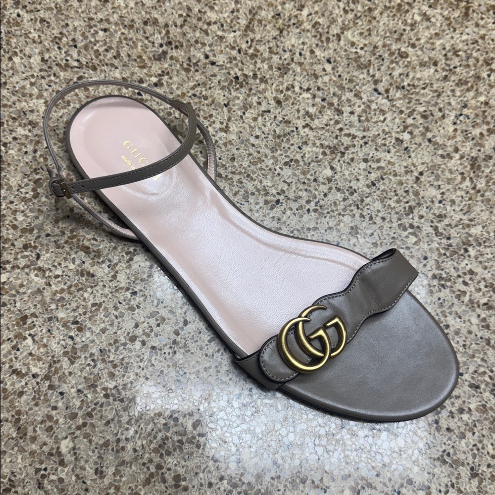 Gucci Taupe Leather Slingback Sandal with Gold Double G